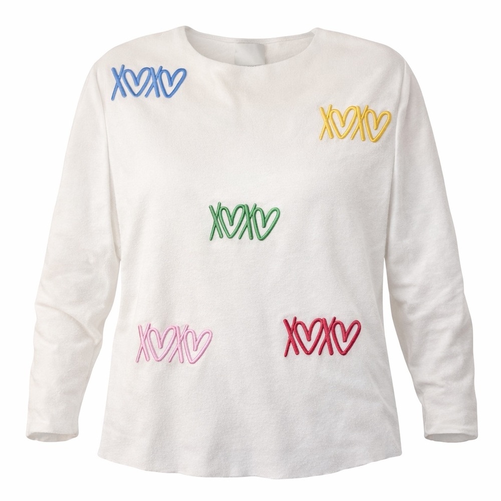 NWOT Aaeda Women’s Embroidered Long Sleeve White Crewneck Colorful XOXO Medium